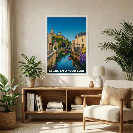 Affiche souvenir de la ville de Segré-en-Anjou Bleu avec une illustration stylisée.