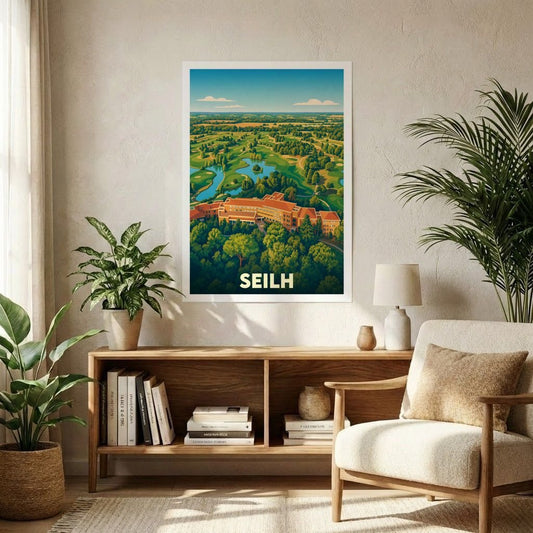 Affiche souvenir de la ville de Seilh avec une illustration stylisée d'un complexe hôtelier et d'un golf.