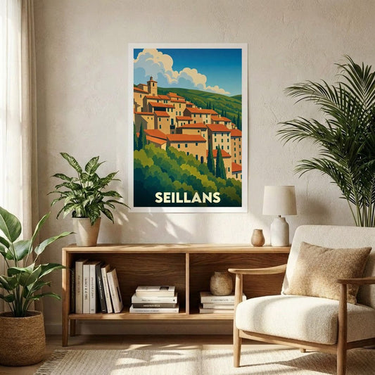 Affiche souvenir de la ville de Seillans présentant une illustration stylisée d'un village perché provençal.
