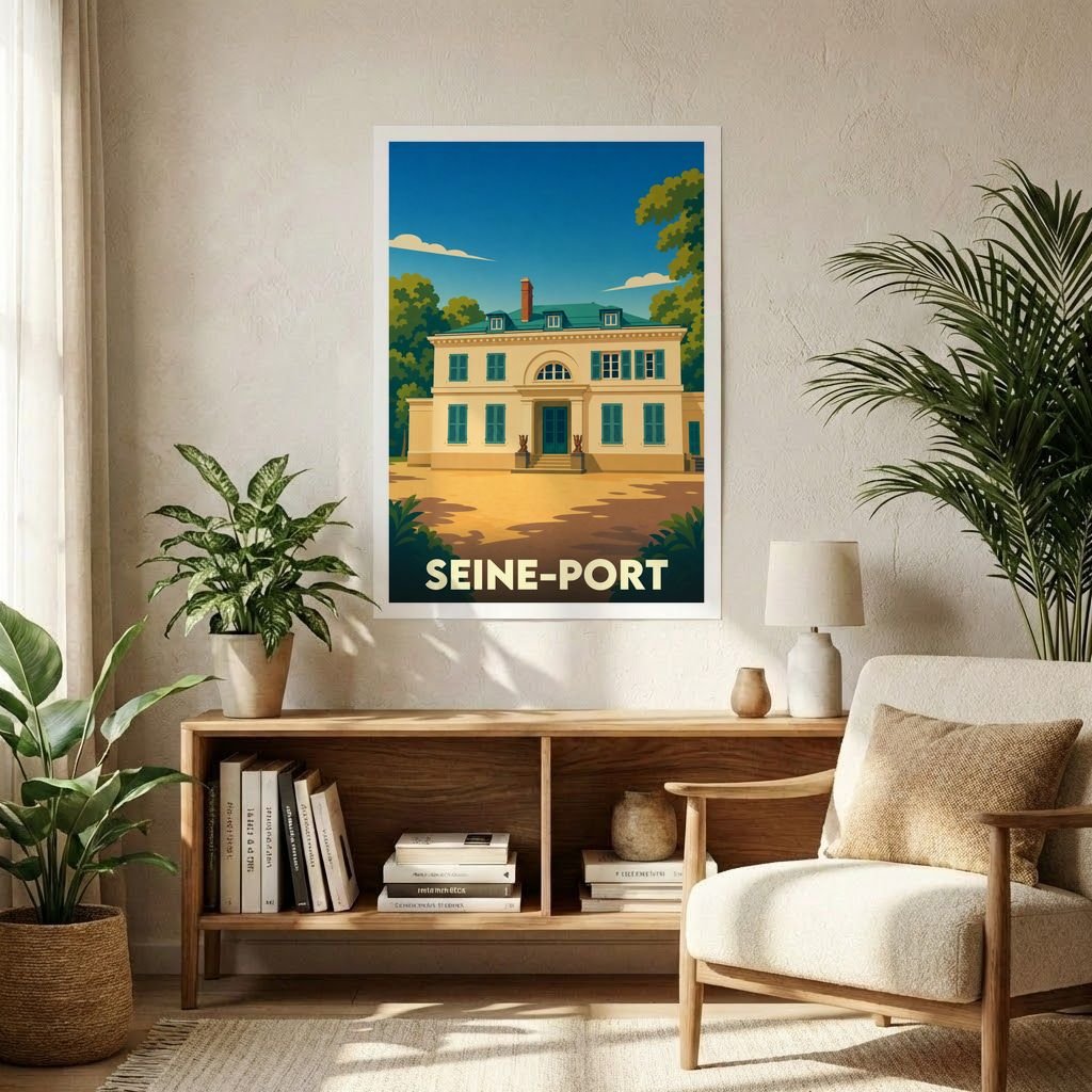 Affiche souvenir de la ville de Seine-Port avec une illustration stylisée d'une demeure historique.
