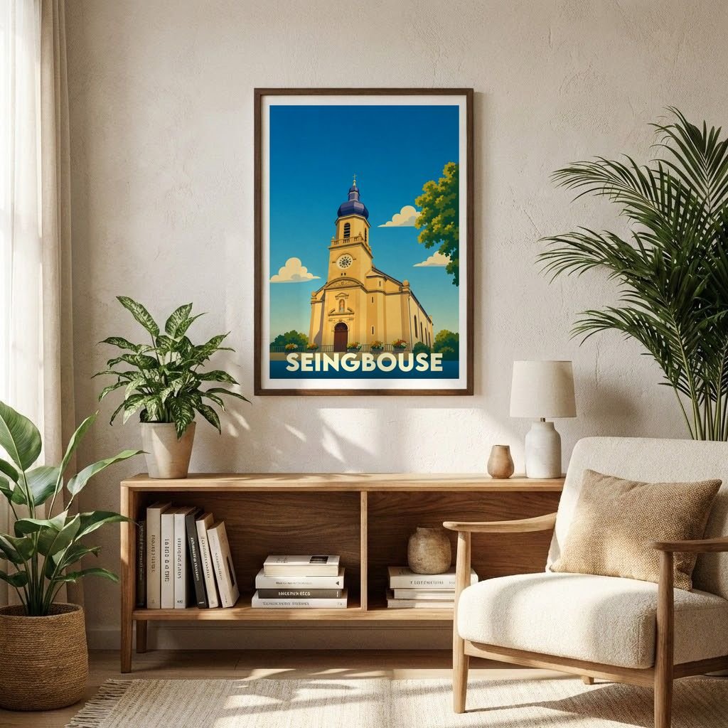 Affiche souvenir de la ville de Seingbouse avec une illustration stylisée de son église.