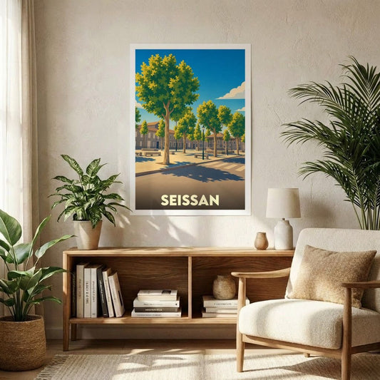 Affiche souvenir de la ville de Seissan avec une illustration stylisée de sa place arborée.