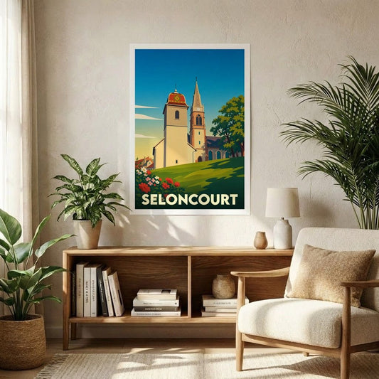 Affiche souvenir de la ville de Seloncourt avec une illustration stylisée de son église et de son clocher.