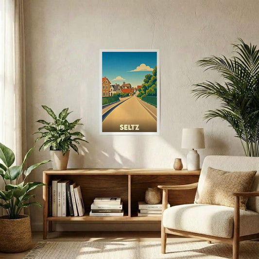 Affiche souvenir de la ville de Seltz avec une illustration stylisée d'une route menant au village.
