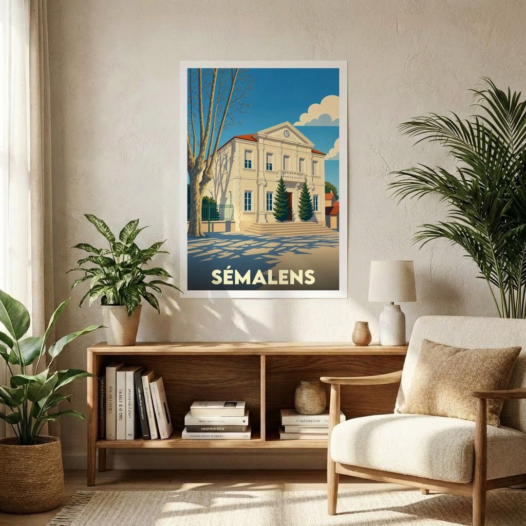 Affiche souvenir de la ville de Sémalens avec une illustration stylisée de sa mairie.