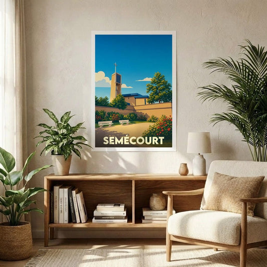 Affiche souvenir de la ville de Semécourt avec une illustration stylisée et colorée.