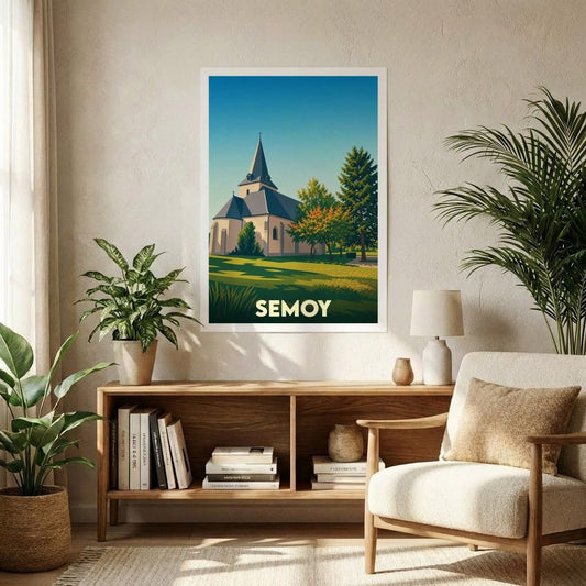Affiche souvenir de la ville de Semoy représentant son église dans un style graphique épuré et coloré.