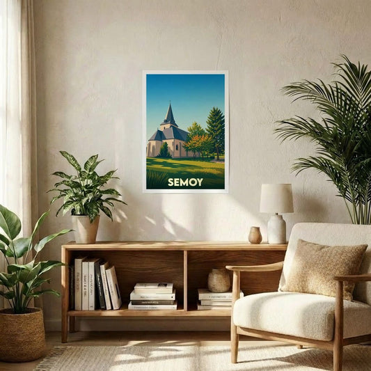 Affiche souvenir de la ville de Semoy avec une illustration stylisée de son église et de son paysage.