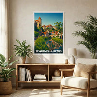 Affiche souvenir de la ville de Semur-en-Auxois avec une illustration stylisée de son paysage médiéval.
