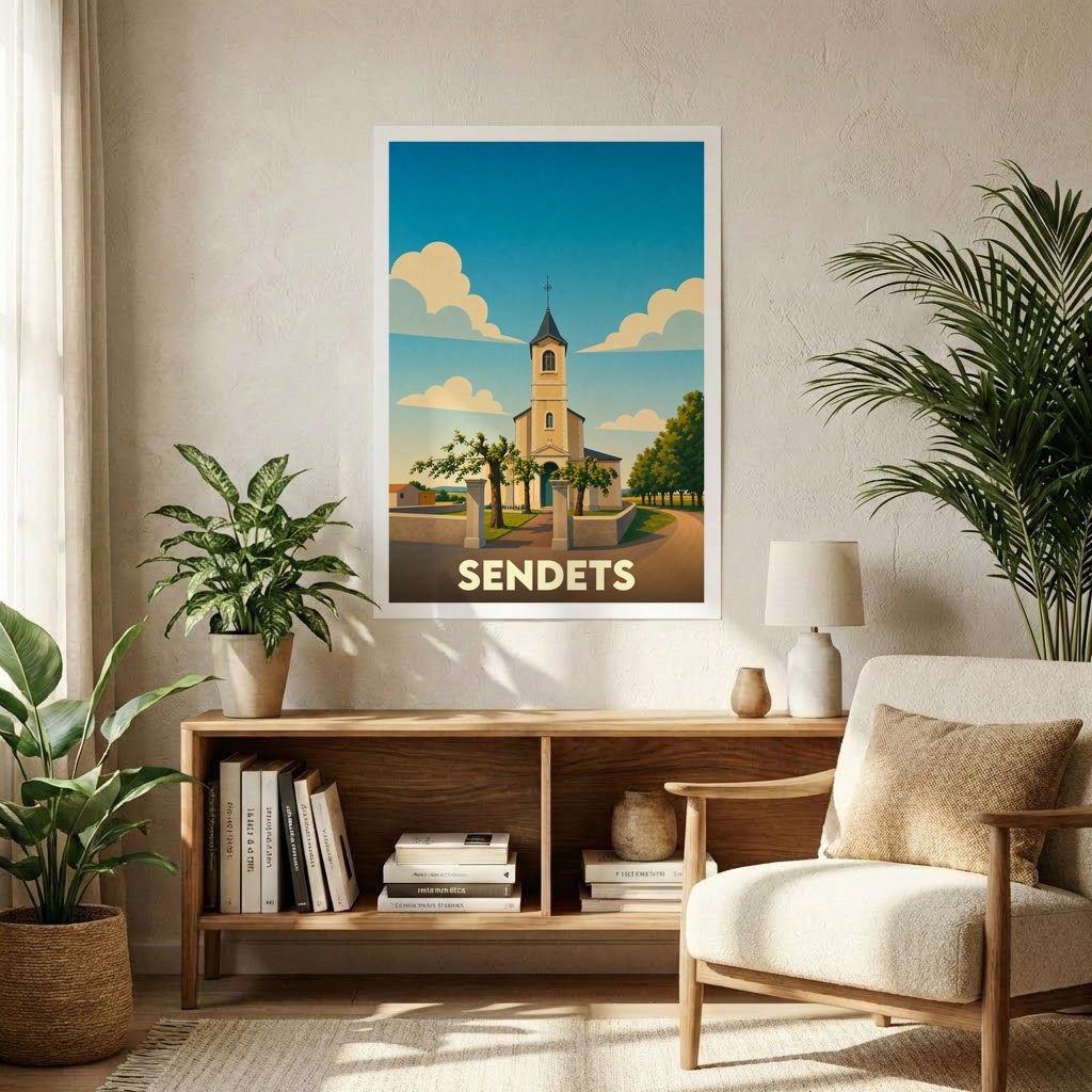 Affiche souvenir de la ville de Sendets illustrant son église dans un style graphique épuré.