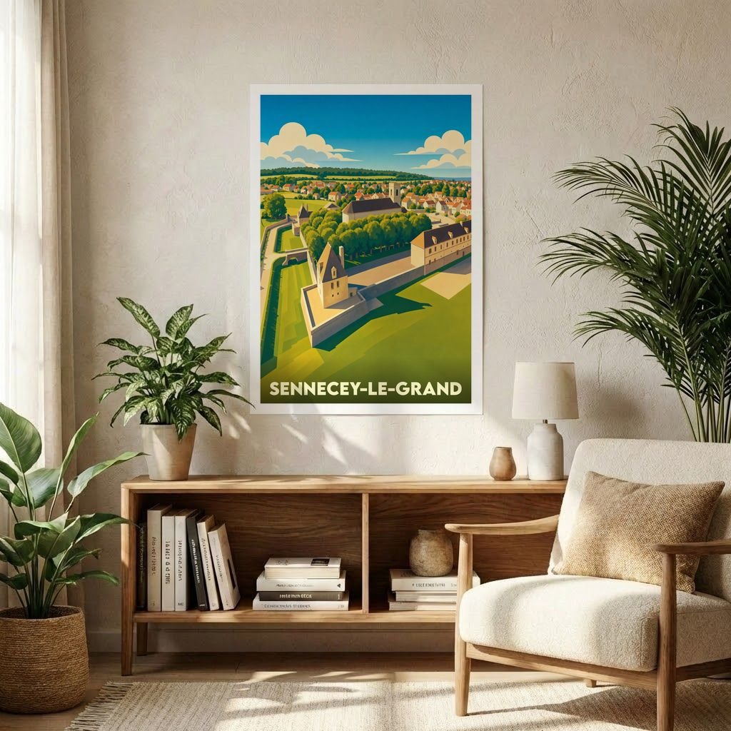 Affiche souvenir de la ville de Sennecey-le-Grand avec une illustration stylisée de son paysage urbain et historique.