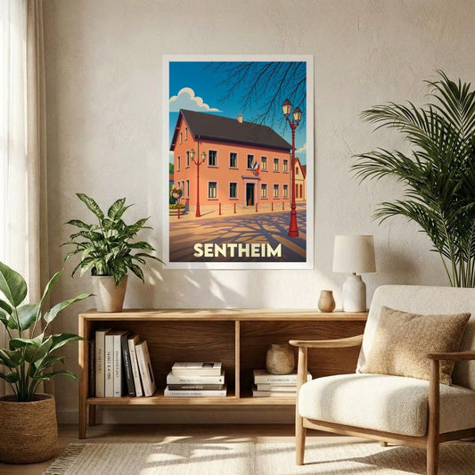 Affiche souvenir de la ville de Sentheim illustrant une bâtisse colorée dans un style vintage épuré.