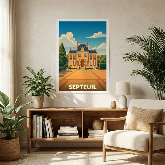 Affiche souvenir de la ville de Septeuil illustrant son architecture traditionnelle dans un style vintage coloré.