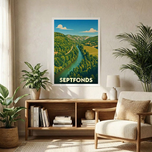 Affiche souvenir de la ville de Septfonds représentant une vallée verdoyante et une rivière sinueuse dans un style graphique rétro.