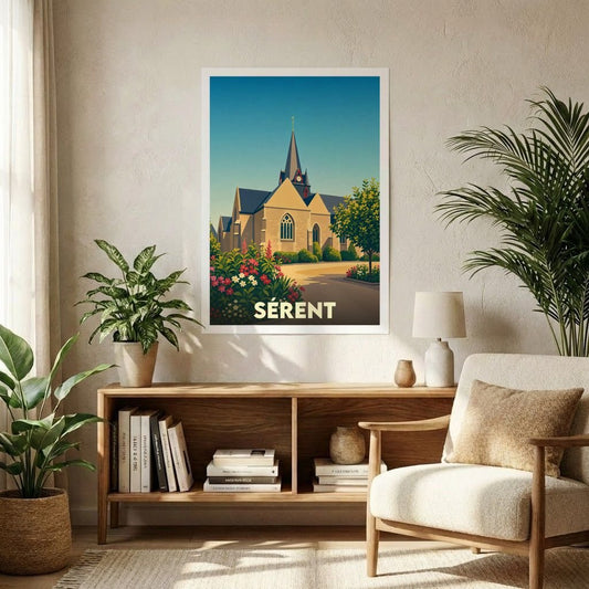 Affiche souvenir de la ville de Sérent avec une illustration stylisée de son église et de ses jardins.