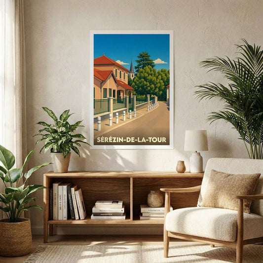 Affiche souvenir de la ville de Sérézin-de-la-Tour avec une illustration stylisée d'une rue pittoresque.