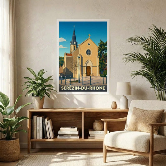 Affiche souvenir de la ville de Sérézin-du-Rhône présentant une illustration stylisée de son église sous un ciel bleu.