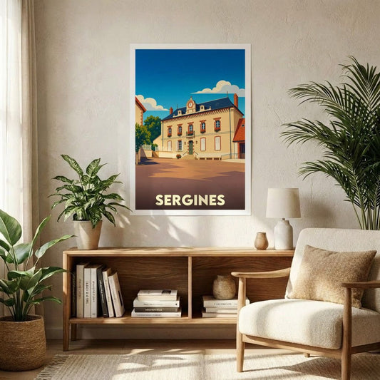 Affiche souvenir de la ville de Sergines avec une illustration stylisée.