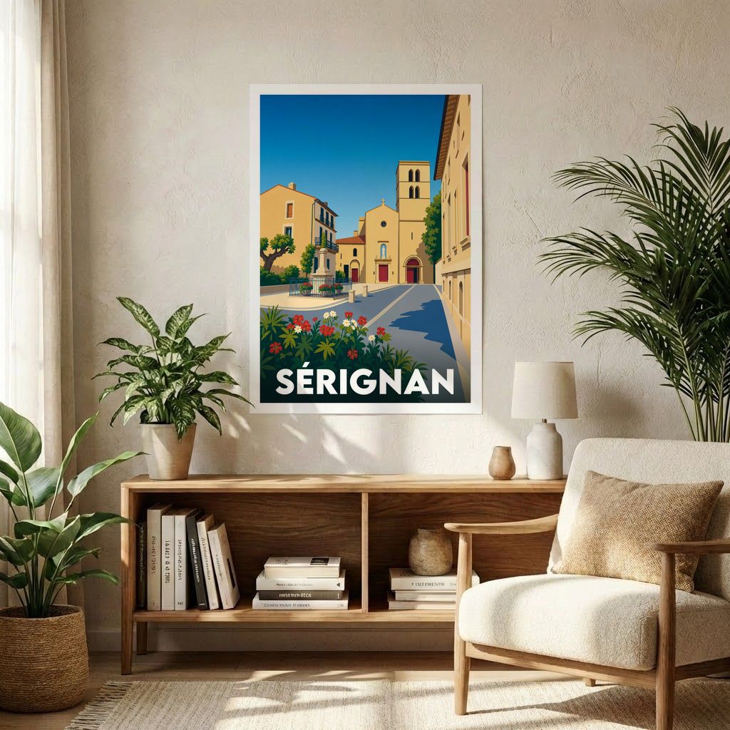 Affiche souvenir de la ville de Sérignan avec une illustration stylisée d'une place ensoleillée.