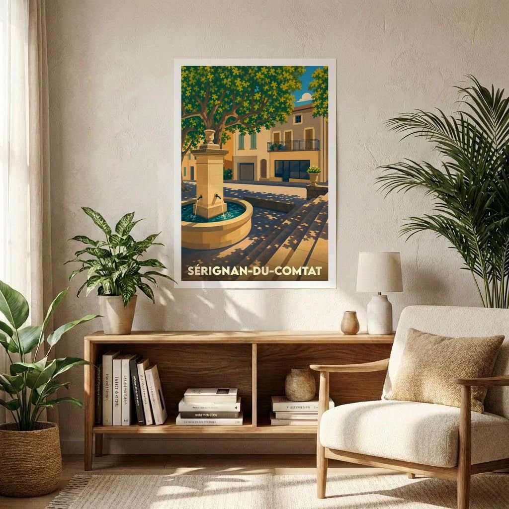 Affiche souvenir de la ville de Sérignan-du-Comtat représentant une fontaine provençale sous les arbres dans un style graphique épuré.