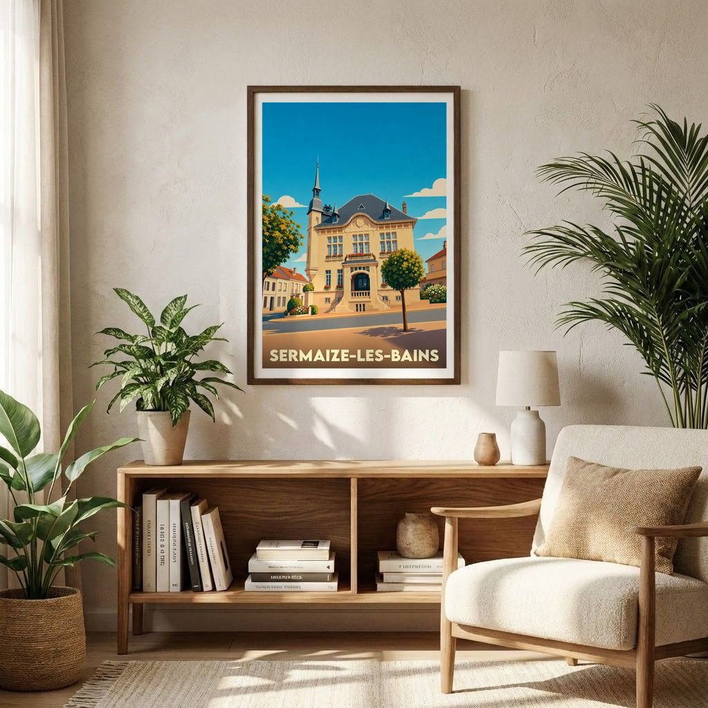 Affiche souvenir de la ville de Sermaize-les-Bains avec une illustration stylisée de son architecture.