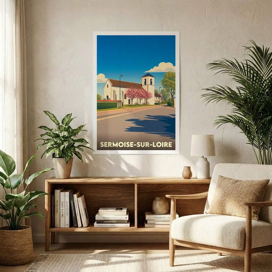 Affiche souvenir de la ville de Sermoise-sur-Loire avec une illustration stylisée.