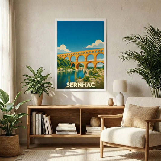 Affiche de voyage de la ville de Sernhac présentant une illustration stylisée du Pont du Gard.