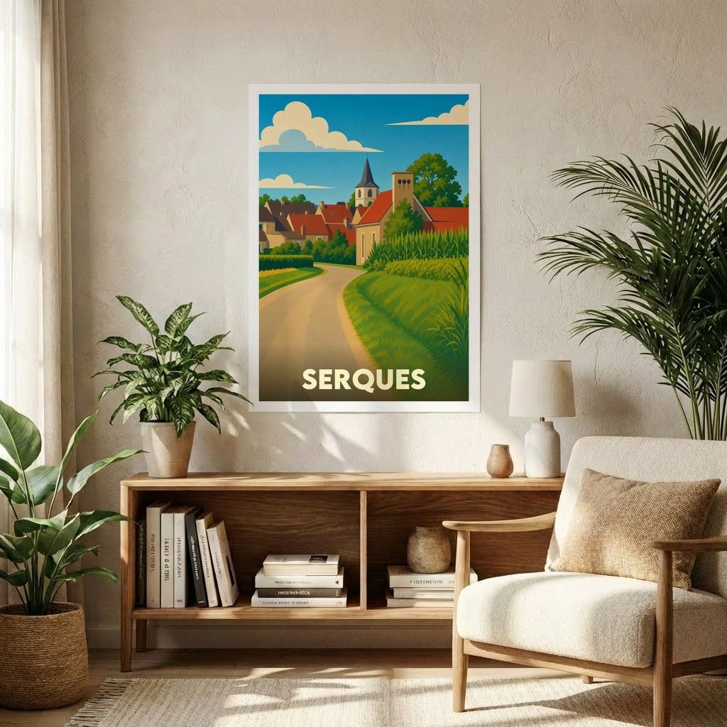 Affiche souvenir de la ville de Serques avec une illustration stylisée d'un paysage de campagne.