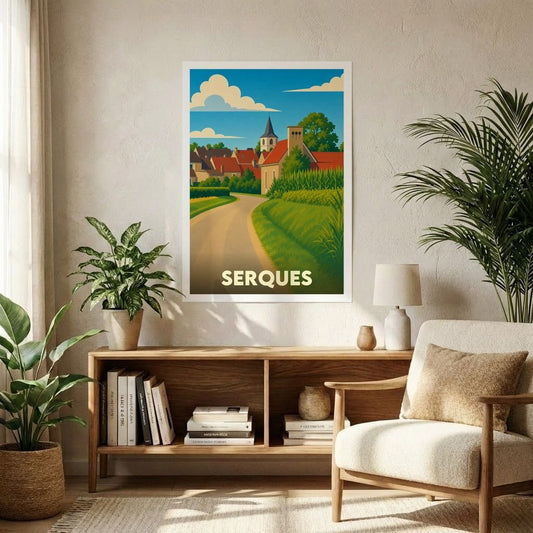 Affiche souvenir de la ville de Serques avec une illustration stylisée d'un paysage de campagne.
