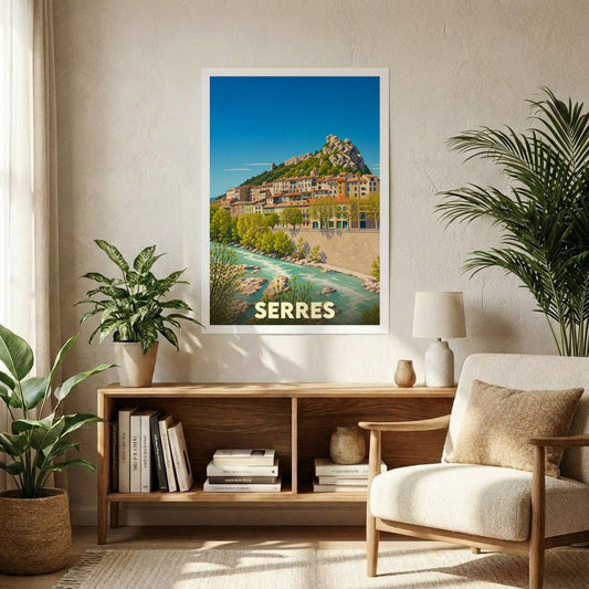 Affiche souvenir de la ville de Serres présentant une illustration stylisée d'un village provençal au bord d'une rivière.