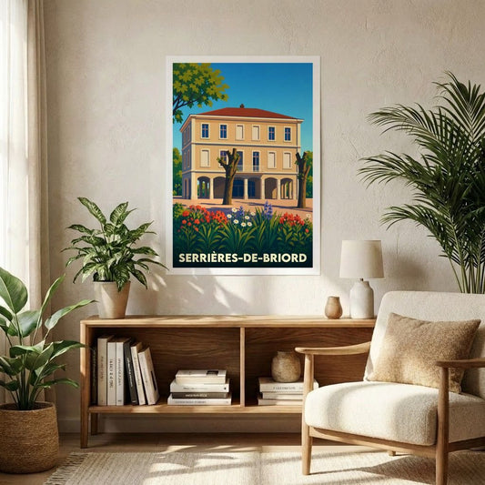Affiche souvenir de la ville de Serrières-de-Briord avec une illustration stylisée d'un bâtiment historique sous un ciel bleu.