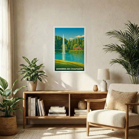 Affiche souvenir de la ville de Serrières-en-Chautagne avec une illustration stylisée d'un jet d'eau et de paysages verdoyants.