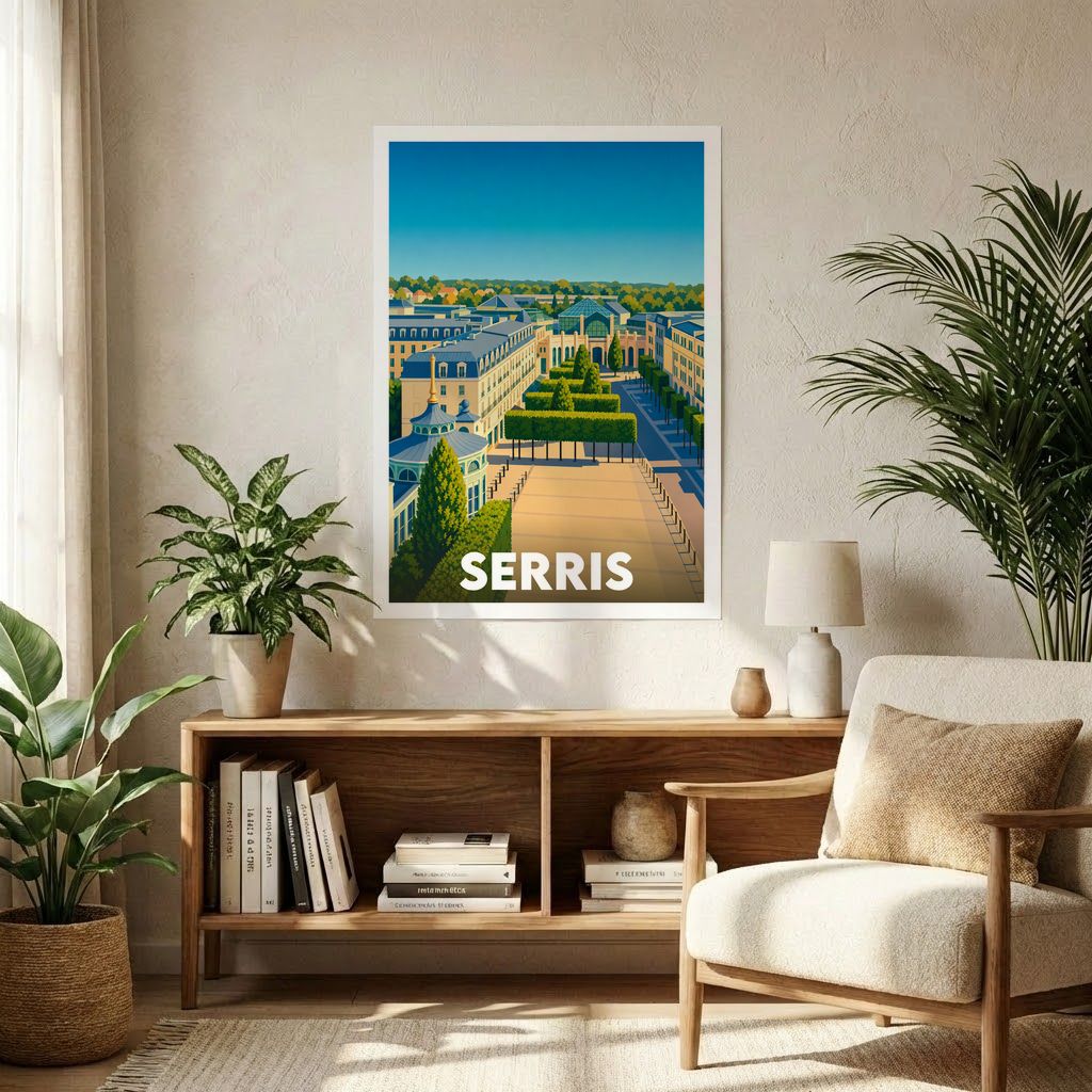 Affiche souvenir de la ville de Serris avec une illustration stylisée représentant son architecture et ses jardins.