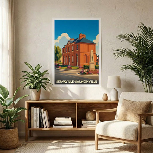Affiche souvenir de la ville de Servaville-Salmonville avec une illustration stylisée.