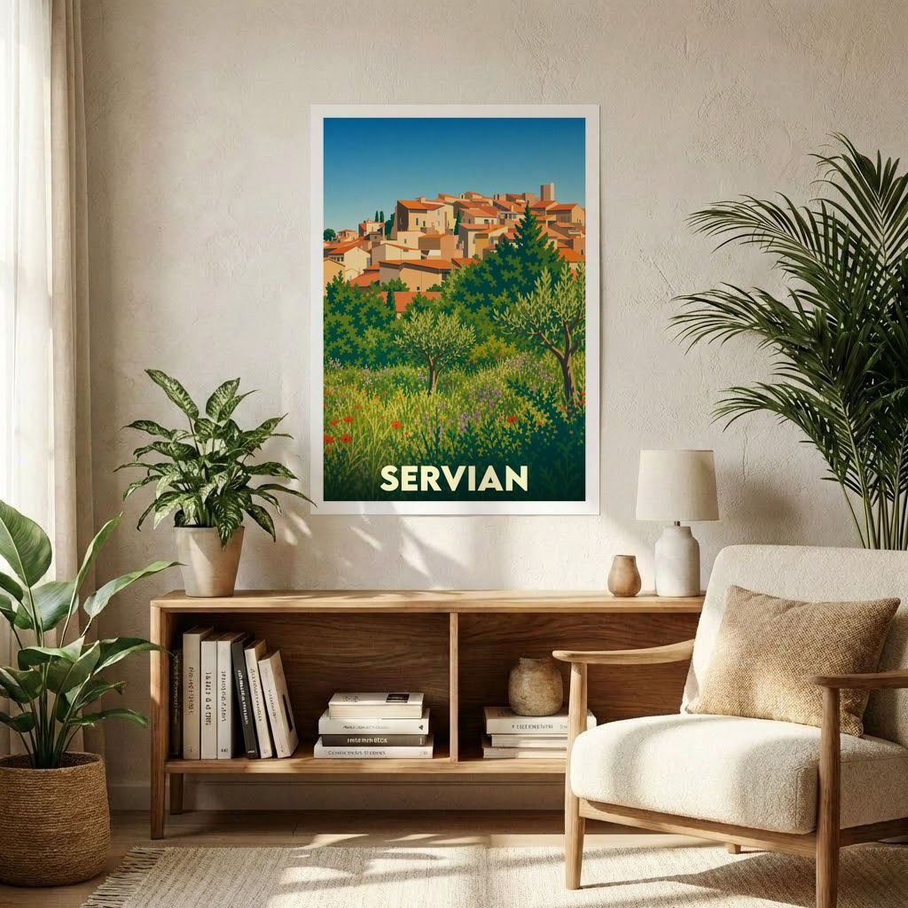 Affiche souvenir de la ville de Servian avec une illustration stylisée de son village perché et d'un champ fleuri.