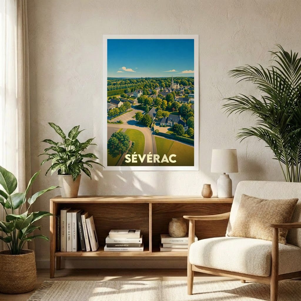 Affiche souvenir de la ville de Sévérac avec une illustration paysagère stylisée.