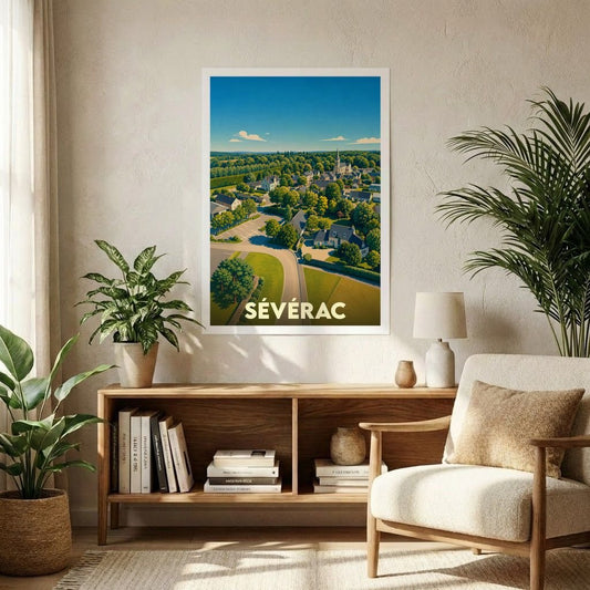 Affiche souvenir de la ville de Sévérac représentant une vue aérienne illustrée du village dans un style vintage.