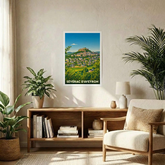Affiche souvenir de la ville de Sévérac d'Aveyron avec une illustration stylisée et colorée.