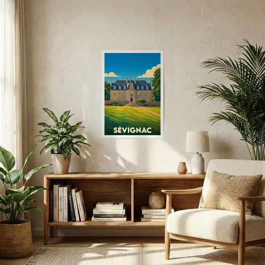 Affiche souvenir de la ville de Sévignac représentant un château de style breton dans une illustration épurée et colorée.