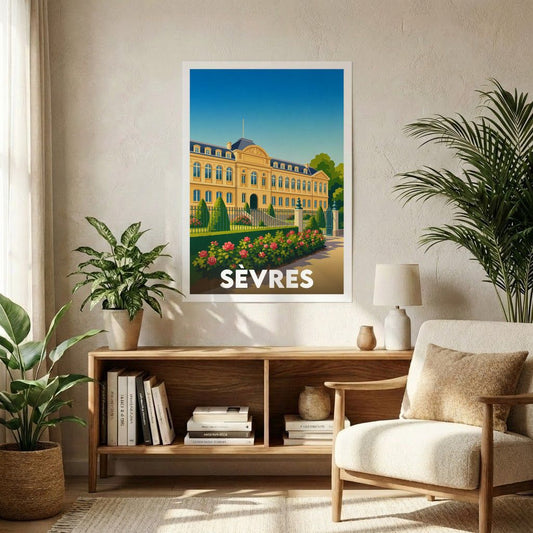 Affiche souvenir de la ville de Sèvres avec une illustration stylisée.