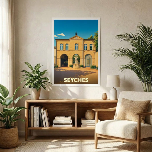 Affiche souvenir de la ville de Seyches avec une illustration stylisée de son patrimoine architectural.