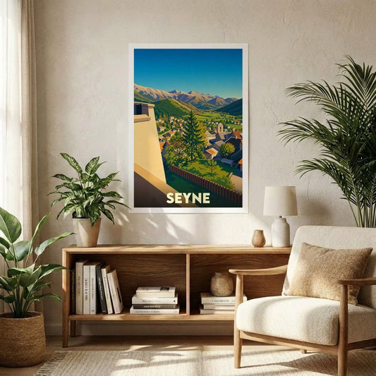Affiche souvenir de la ville de Seyne avec une illustration stylisée des montagnes et du village.