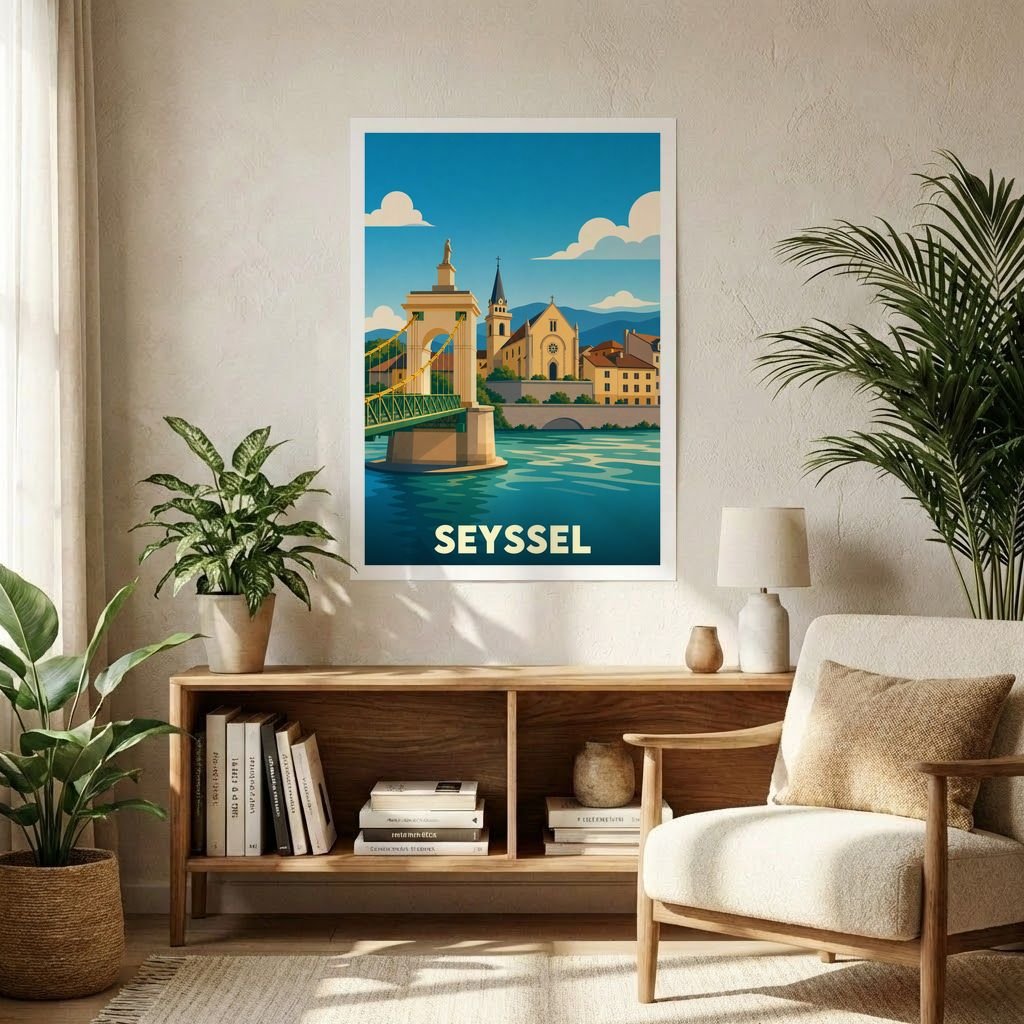 Affiche souvenir de la ville de Seyssel avec une illustration stylisée et colorée de son pont et de son église en bord de Rhône.