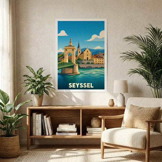 Affiche souvenir de la ville de Seyssel avec une illustration stylisée et colorée de son pont et de son église en bord de Rhône.