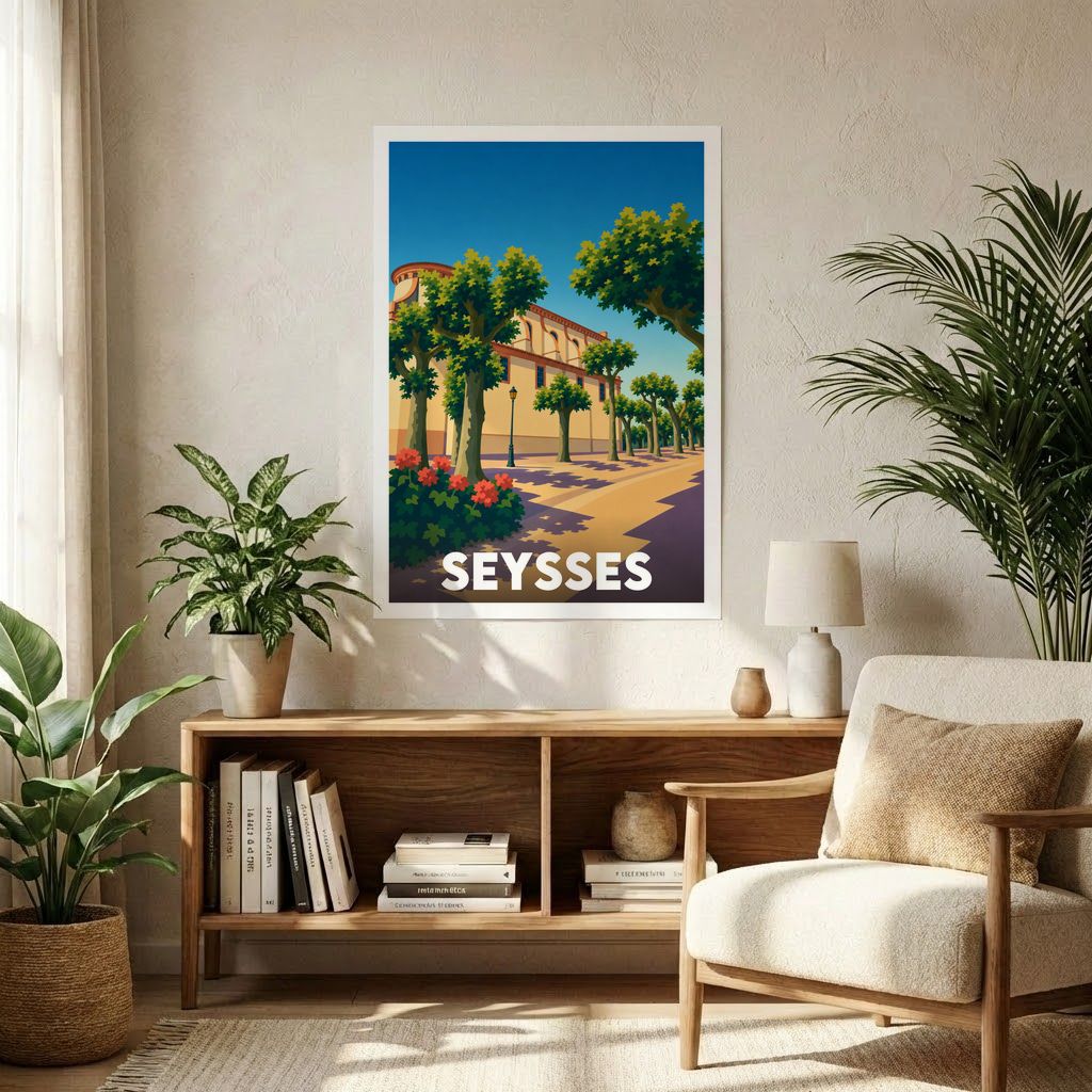 Affiche souvenir de la ville de Seysses avec une illustration stylisée d'une rue ensoleillée et arborée.