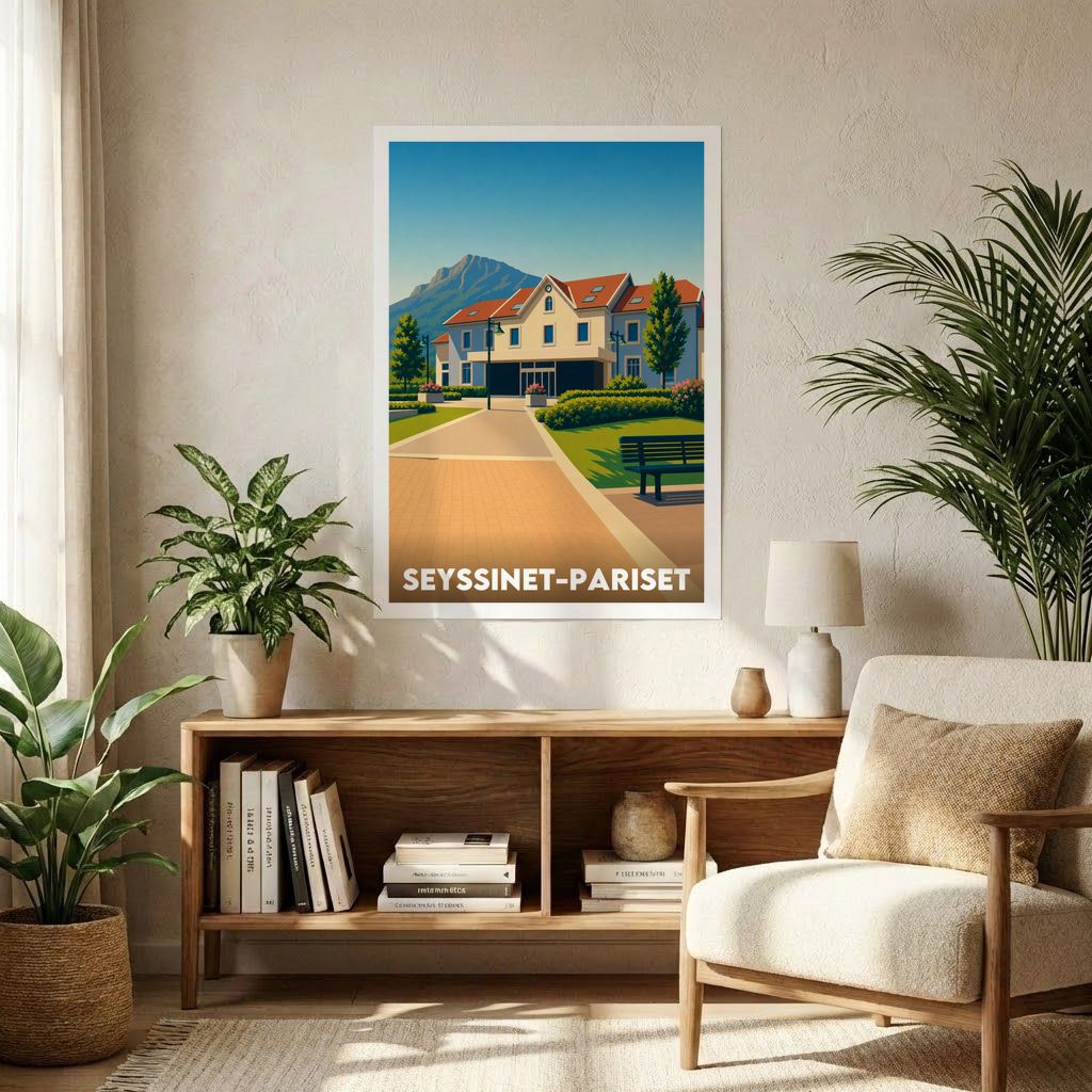 Affiche souvenir de la ville de Seyssinet-Pariset avec une illustration stylisée.