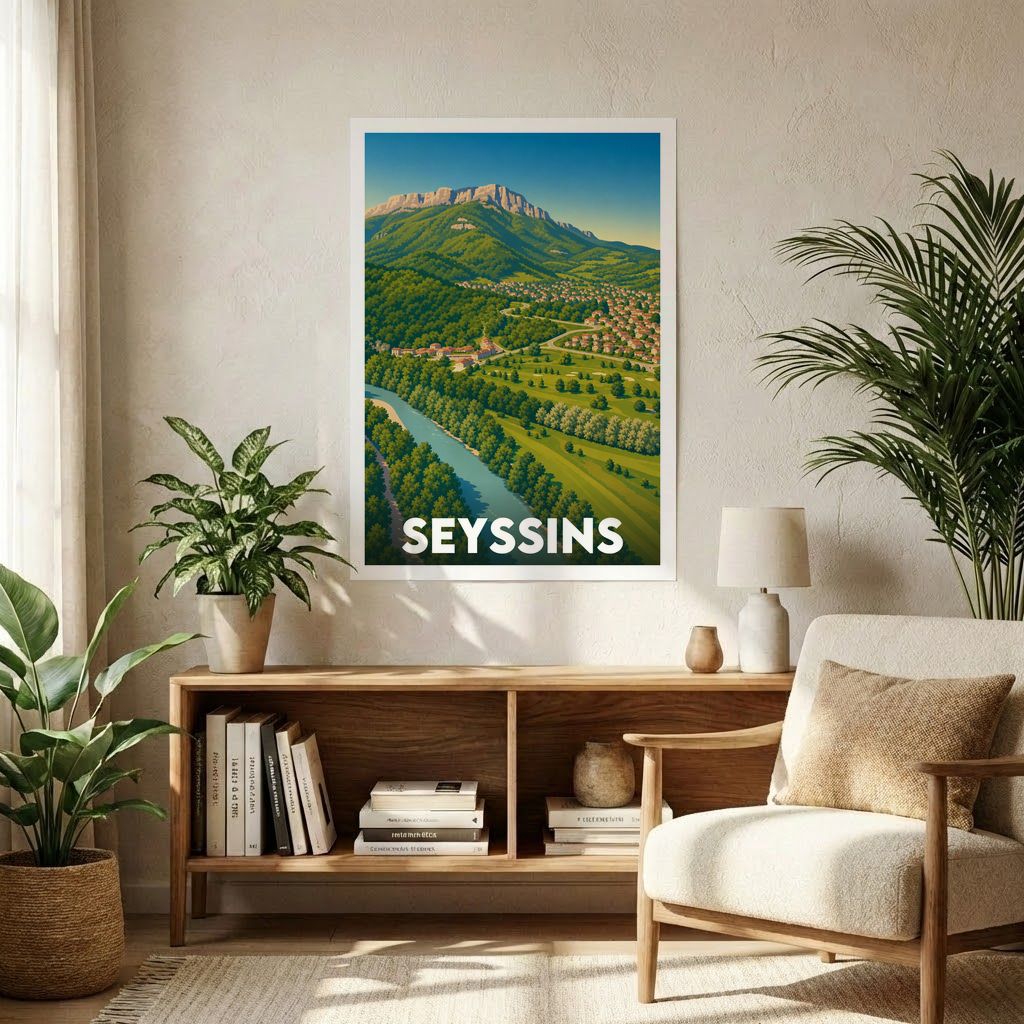 Affiche souvenir de la ville de Seyssins avec une illustration stylisée de son paysage montagneux.