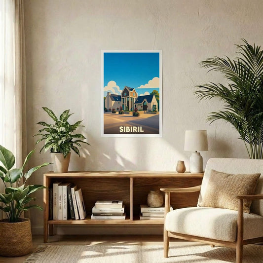 Affiche souvenir de la ville de Sibiril avec une illustration stylisée et colorée.