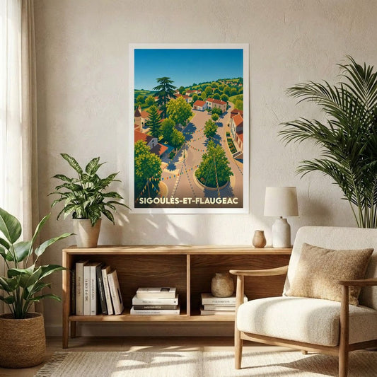 Affiche souvenir de la ville de Sigoulès-et-Flaugeac avec une illustration stylisée et colorée.