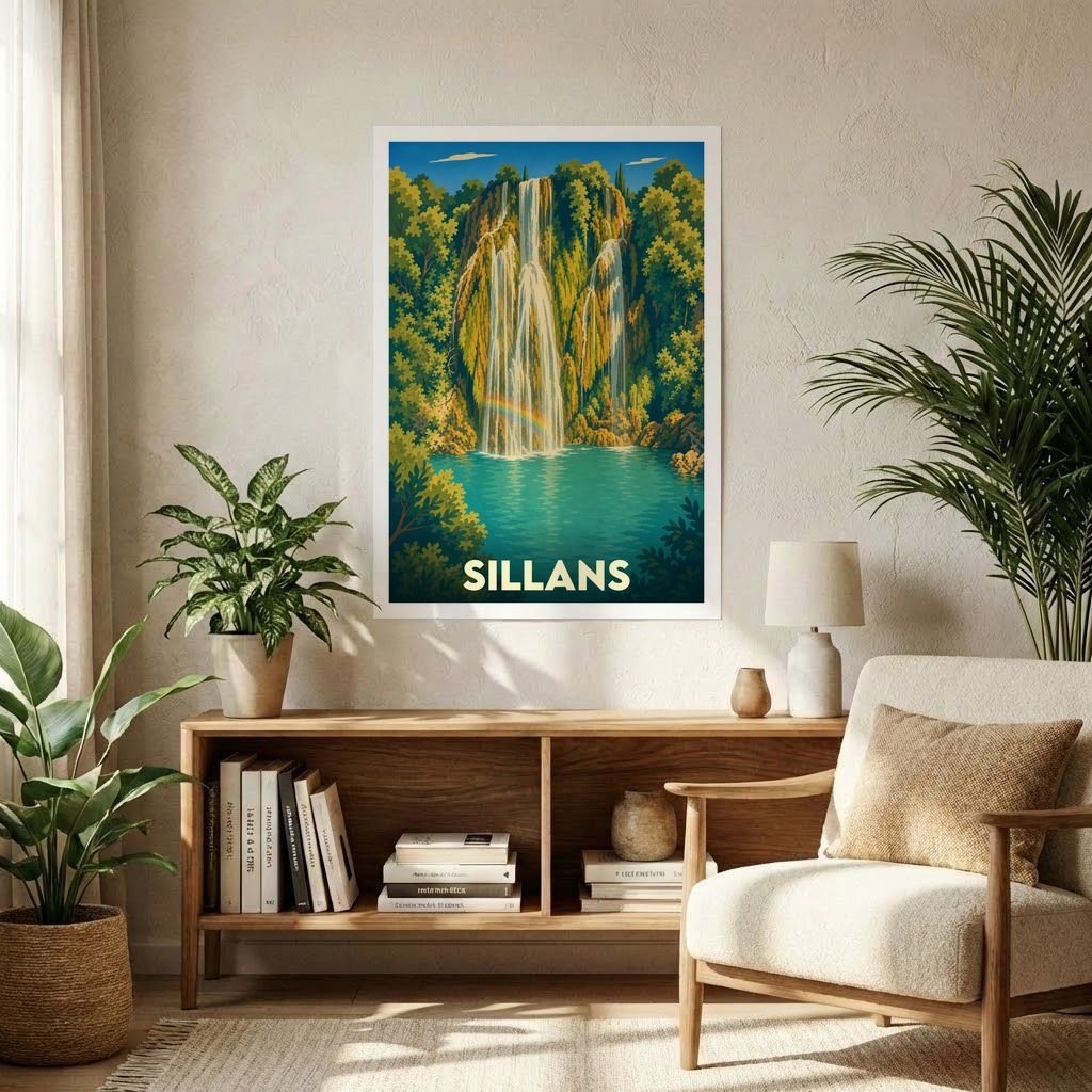 Affiche souvenir de la ville de Sillans représentant une cascade majestueuse dans un style graphique rétro.
